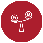 A scale with one side weighing lower with the letter A on it and one side weighing higher with a letter B on it within a red circle with a white outline