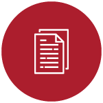 A digital illustration of two white pieces of paper with writing on them within a red circle with a white outline