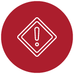 A digital illustration of a white exclamation point within a double bordered diamond. These are all inside of a red circle outlined in white.