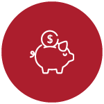A digital illustration of a white coin going into the slit of a white piggybank within a large red circle with a white outline