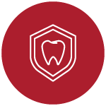 A digital illustration of a white tooth within a double bordered shield that is all inside of a red circle with a white outline