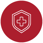 A white medical cross within a double bordered shield that is all inside of a red circle with a white outline