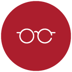 A digital illustration of white glasses inside of a red circle with a white outline