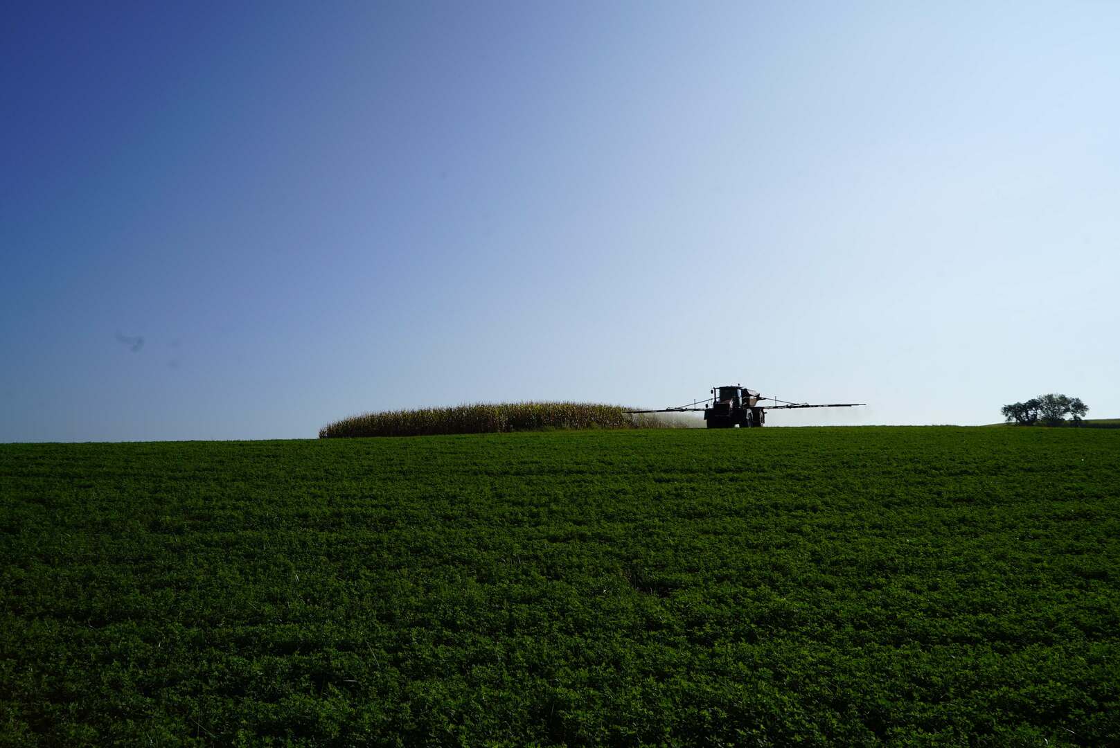 A tractor is seen off in the distance of a field using sprayers to distribute chemicals on the field to help crops grow and eliminate pests