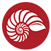 A digital illustration of a white fossil shell inside of a dark red circle
